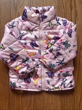 2T H&M Kids Lightweight Pink Butterfly Print Puffer Jacket